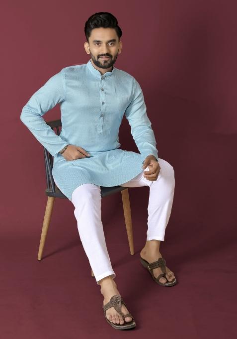 Sky Blue Self Jequard Design Silk Kurta Pajama Set For Men — view on Indya