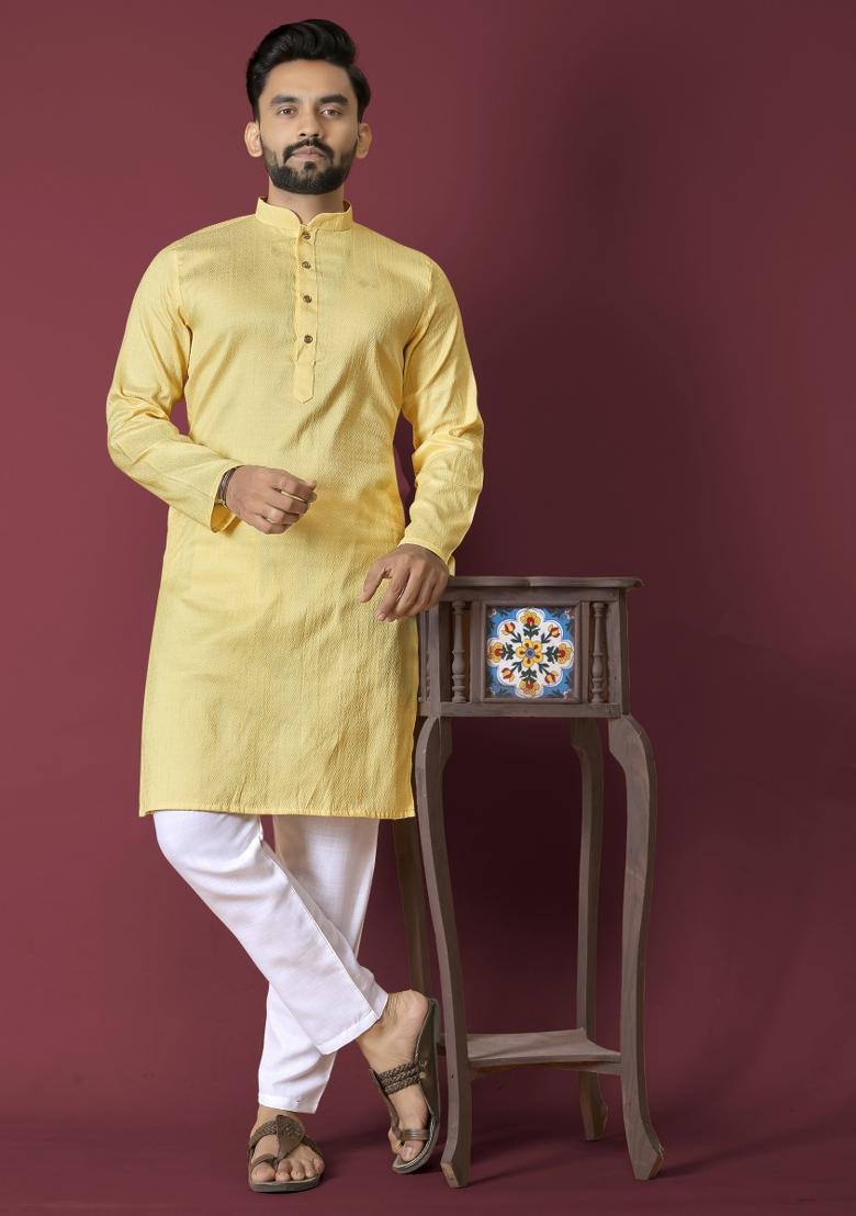 Yellow Self Jequard Design Silk Kurta Pajama Set For Men