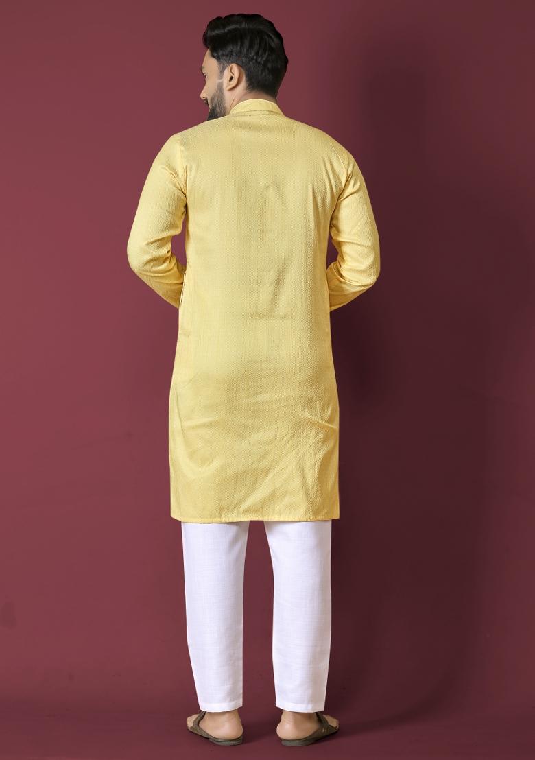 Yellow Self Jequard Design Silk Kurta Pajama Set For Men