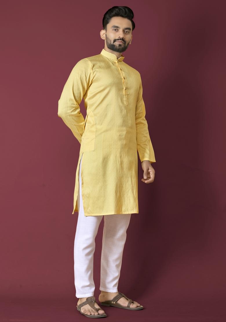 Yellow Self Jequard Design Silk Kurta Pajama Set For Men