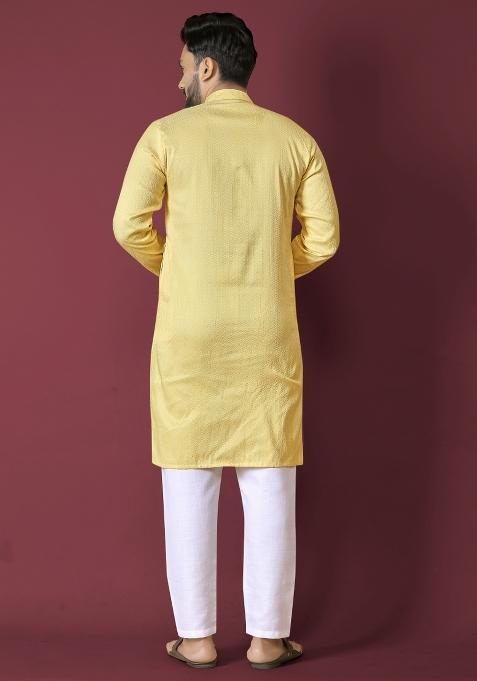 Yellow Self Jequard Design Silk Kurta Pajama Set For Men