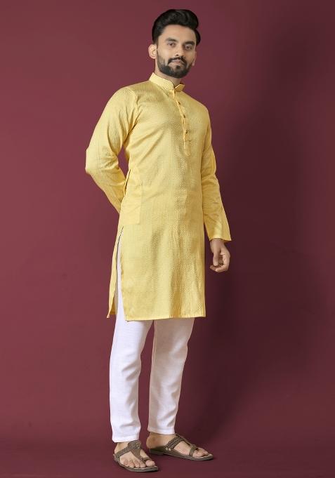 Yellow Self Jequard Design Silk Kurta Pajama Set For Men