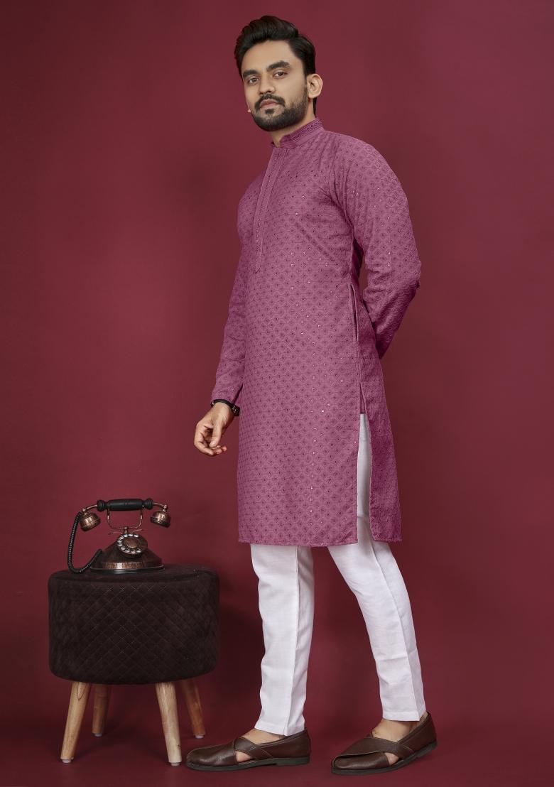 Pink Embroidered Cotton Rayon Kurta Pajama Set For Men