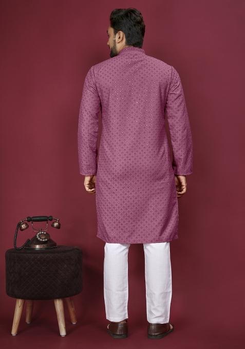 Pink Embroidered Cotton Rayon Kurta Pajama Set For Men