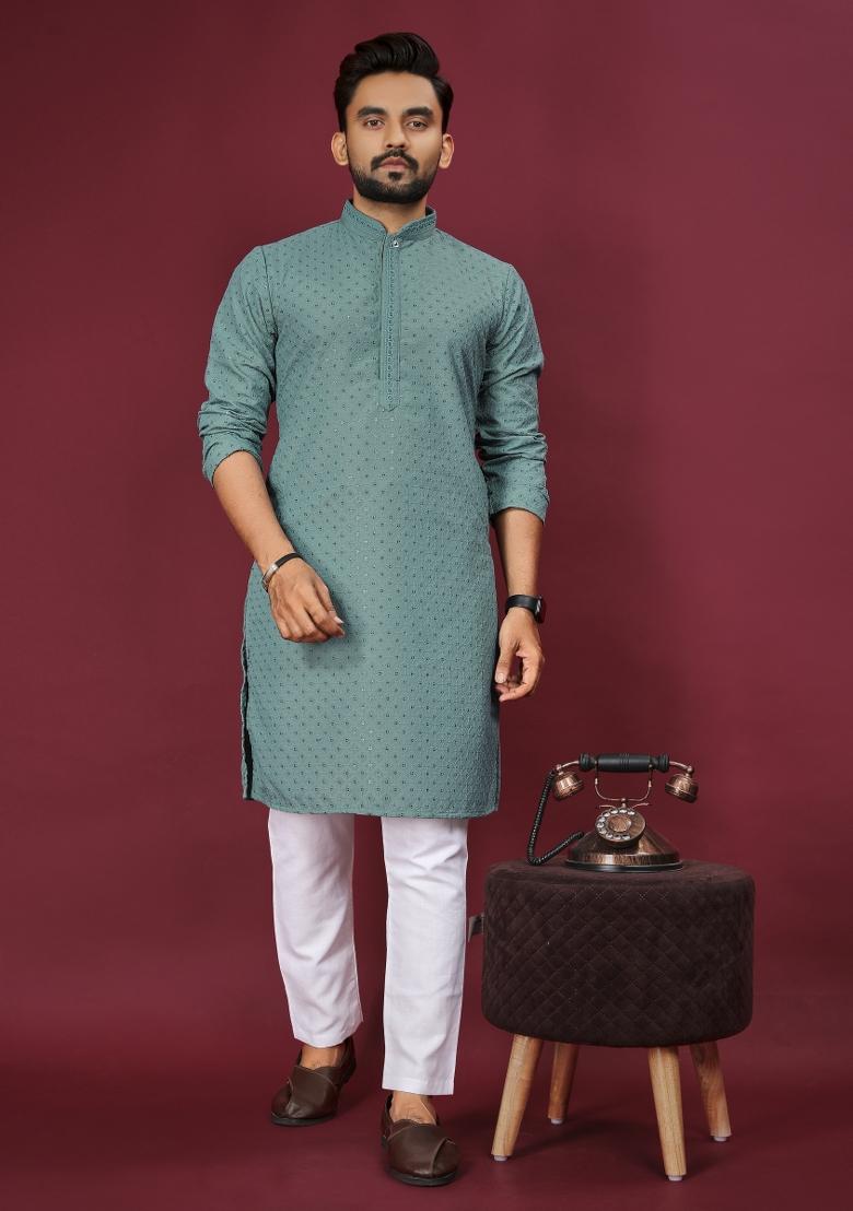 Sea Green Embroidered Cotton Rayon Kurta Pajama Set For Men
