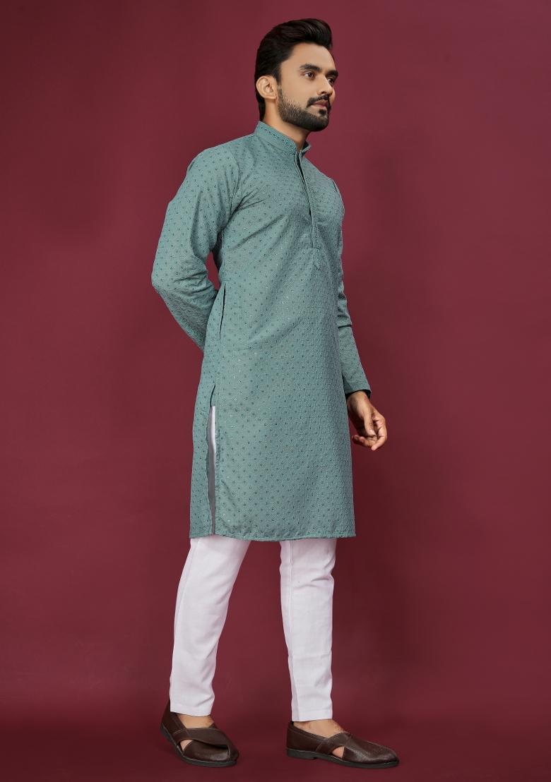 Sea Green Embroidered Cotton Rayon Kurta Pajama Set For Men