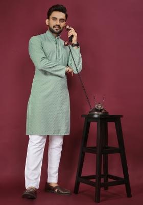 Light Green Embroidered Cotton Rayon Kurta Pajama Set For Men