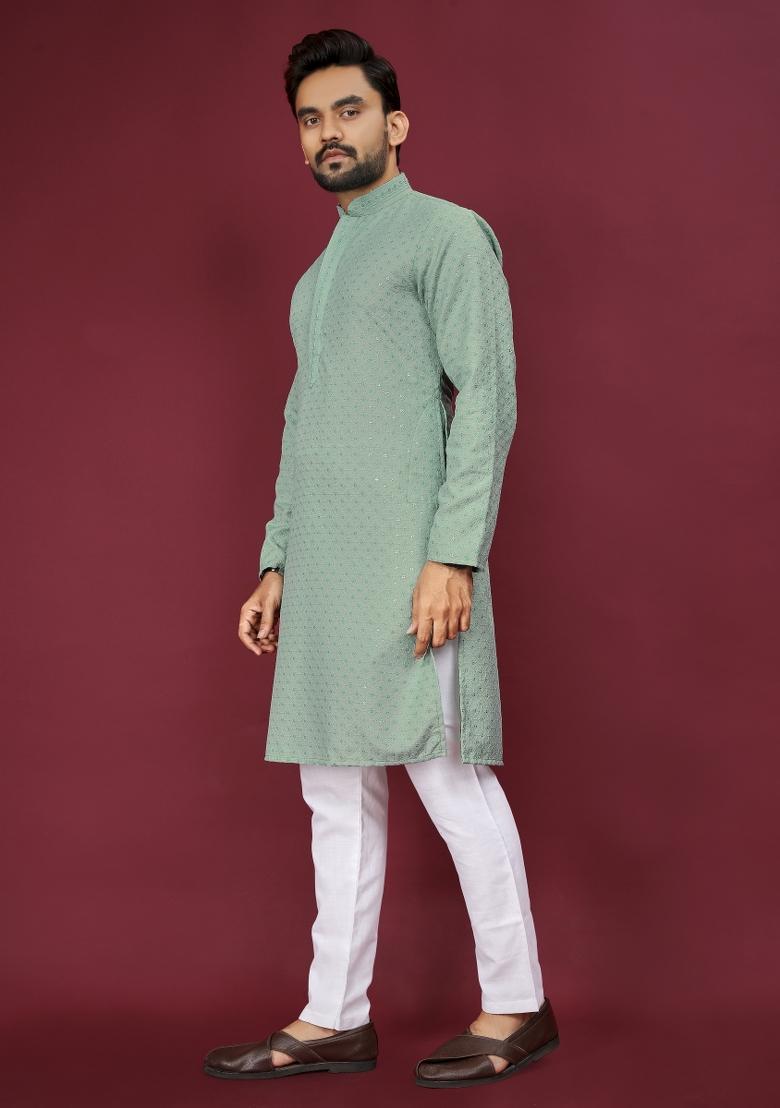 Light Green Embroidered Cotton Rayon Kurta Pajama Set For Men