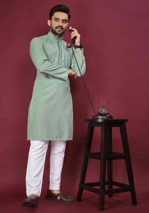 Light Green Embroidered Cotton Rayon Kurta Pajama Set For Men