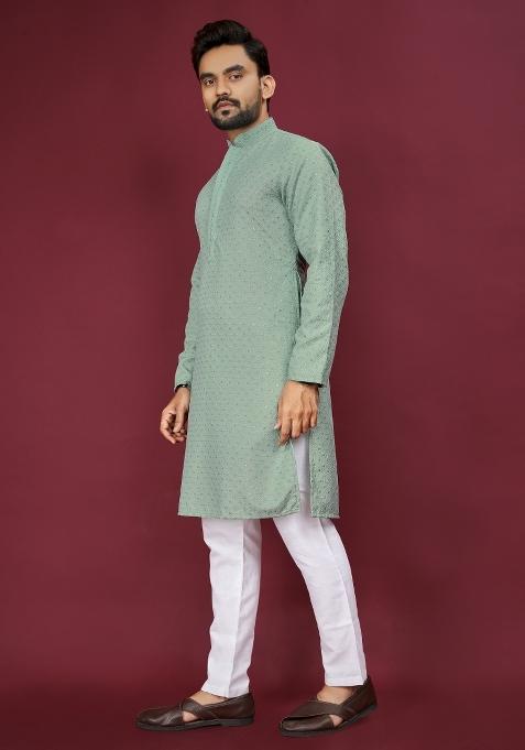 Light Green Embroidered Cotton Rayon Kurta Pajama Set For Men