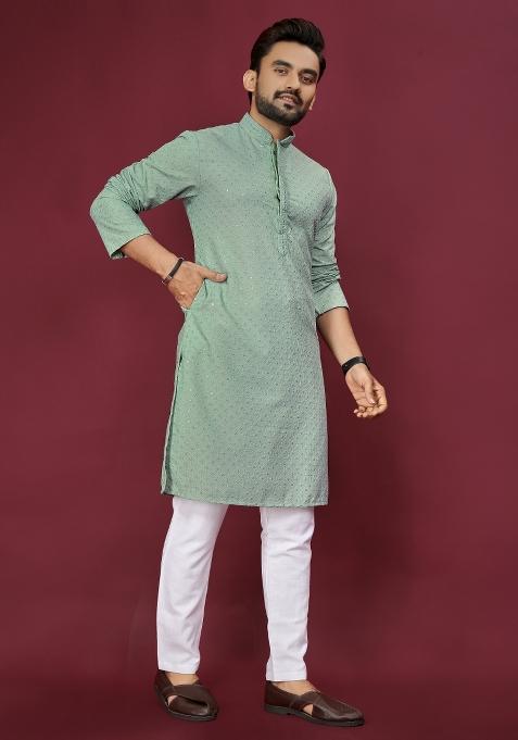 Light Green Embroidered Cotton Rayon Kurta Pajama Set For Men