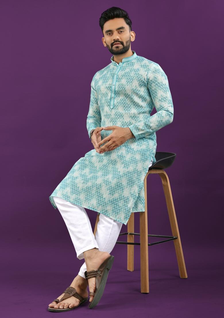 Sky Blue Printed Linen Kurta Pajama Set For Men