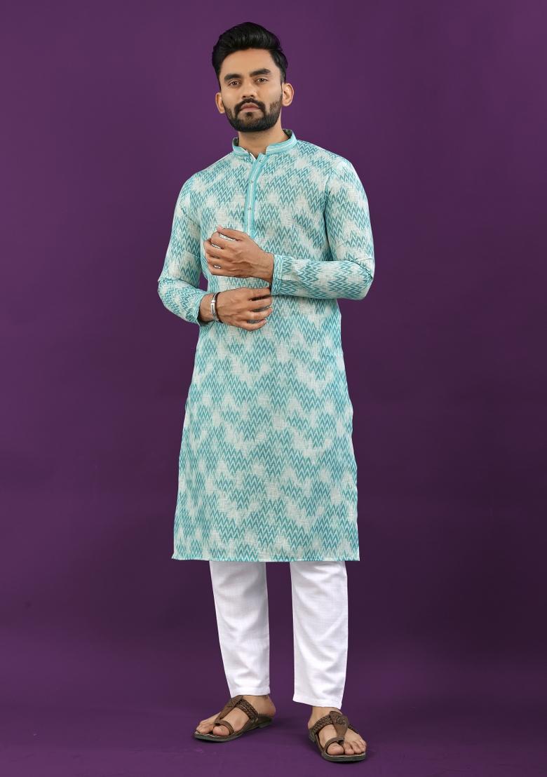 Sky Blue Printed Linen Kurta Pajama Set For Men
