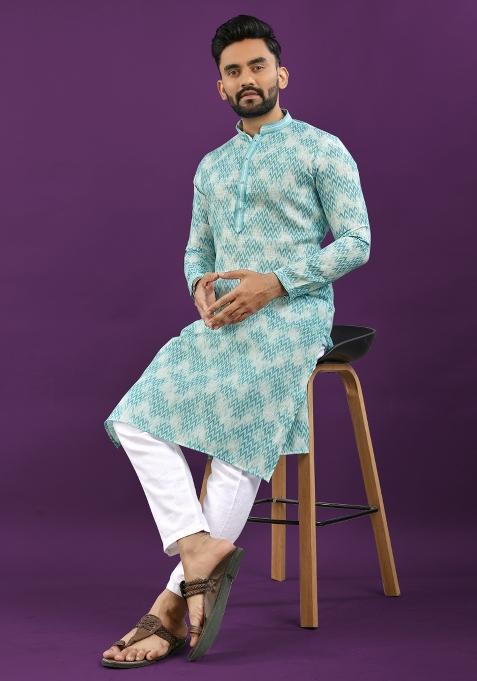 Sky Blue Printed Linen Kurta Pajama Set For Men