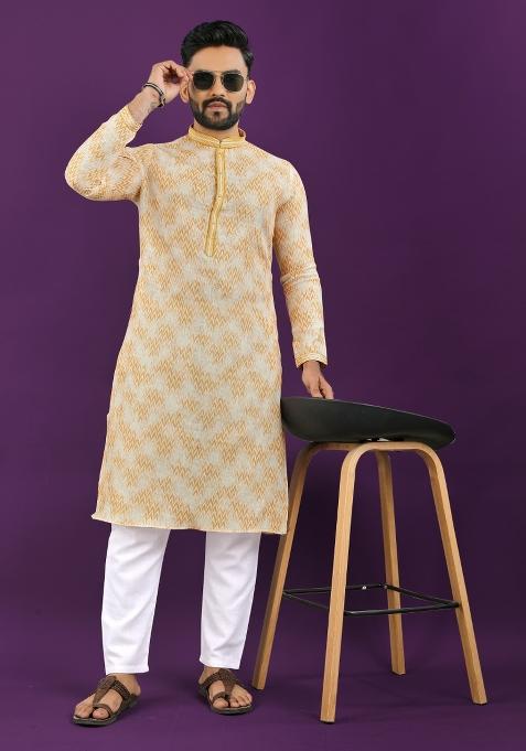 Blue Printed Linen Kurta Pajama Set For Men