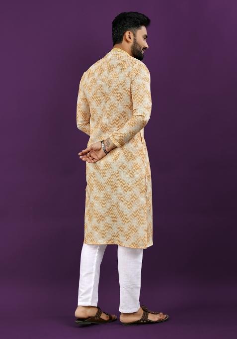 Blue Printed Linen Kurta Pajama Set For Men