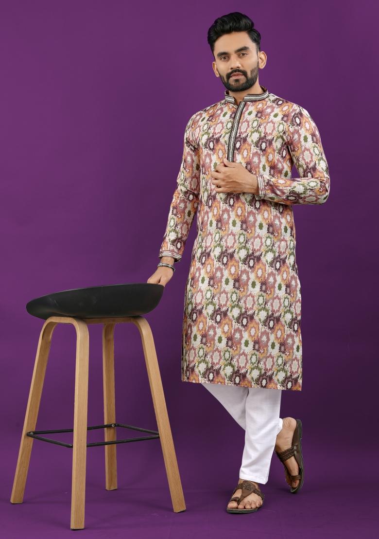 Multicolor Printed Linen Kurta Pajama Set For Men