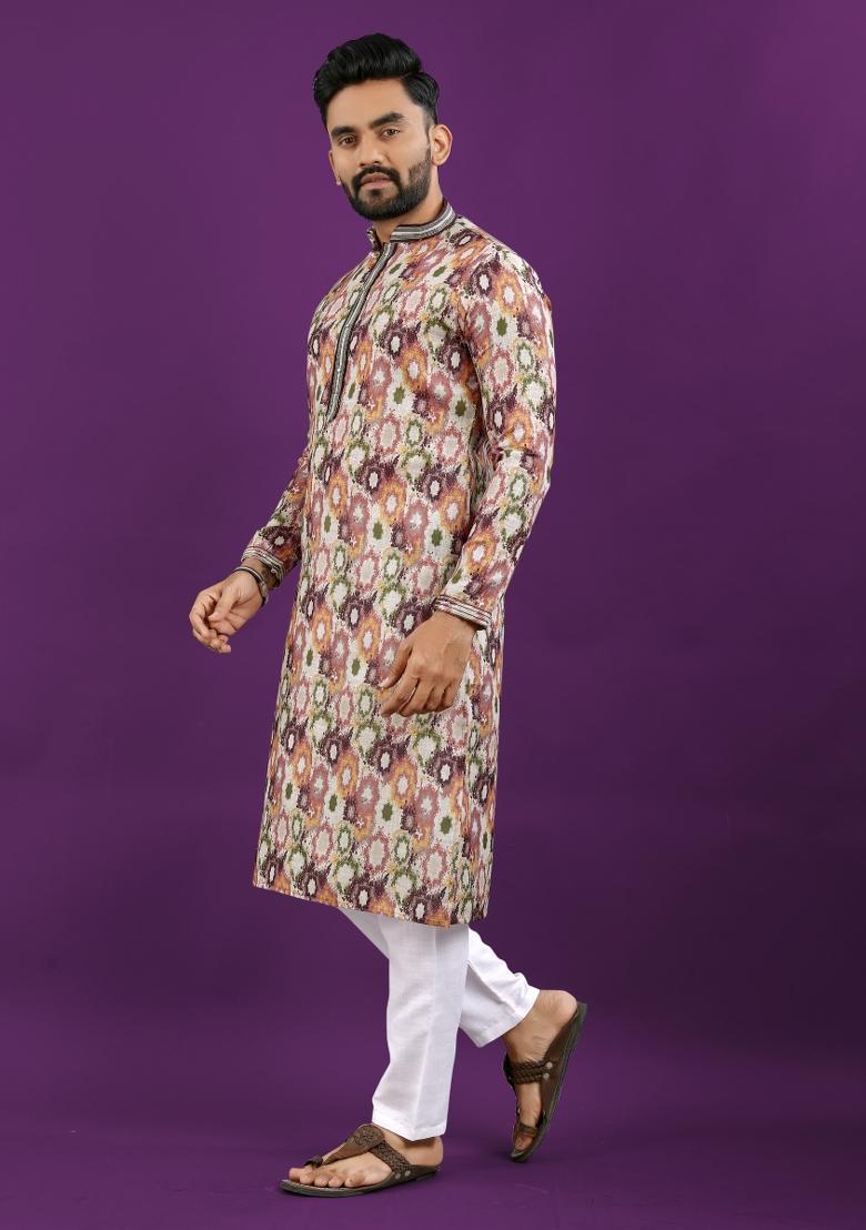 Multicolor Printed Linen Kurta Pajama Set For Men