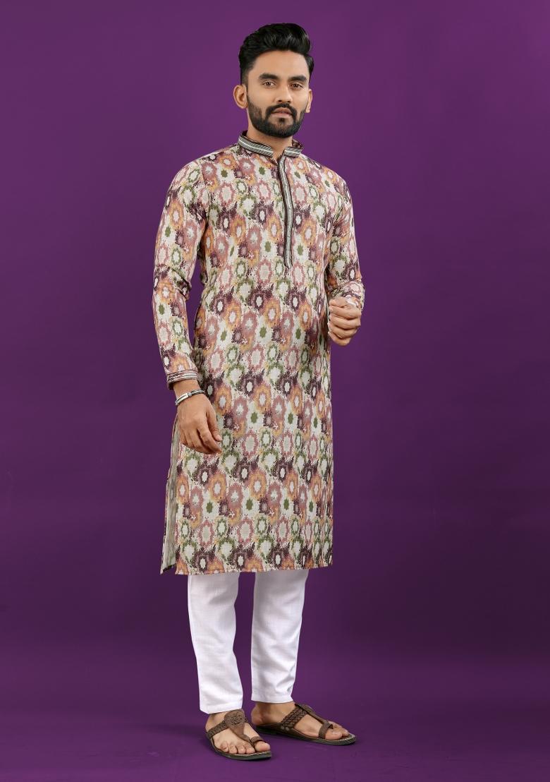 Multicolor Printed Linen Kurta Pajama Set For Men