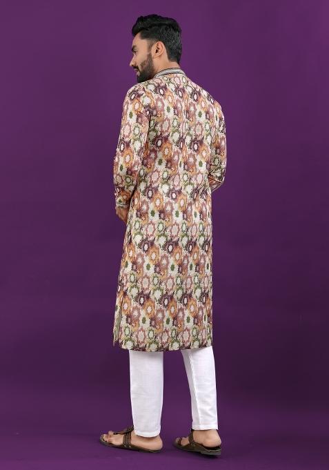 Multicolor Printed Linen Kurta Pajama Set For Men