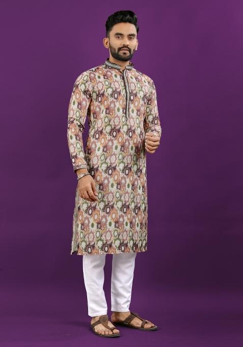 Multicolor Printed Linen Kurta Pajama Set For Men