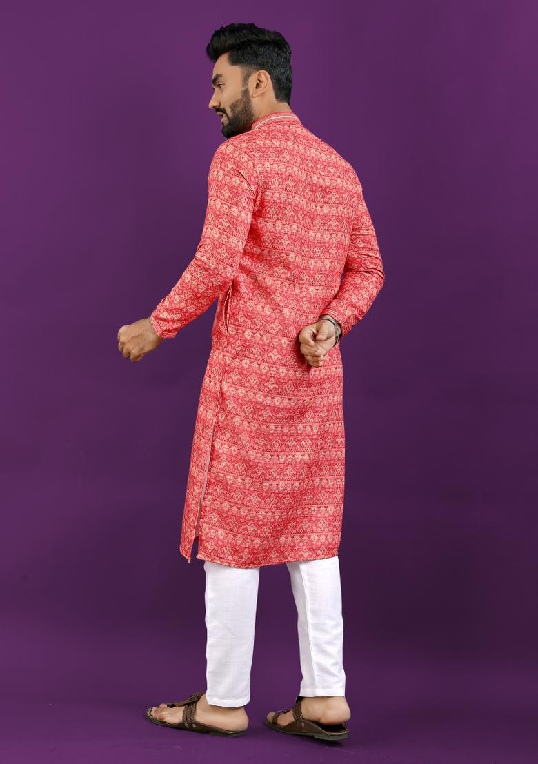 Orange Printed Linen Kurta Pajama Set For Men