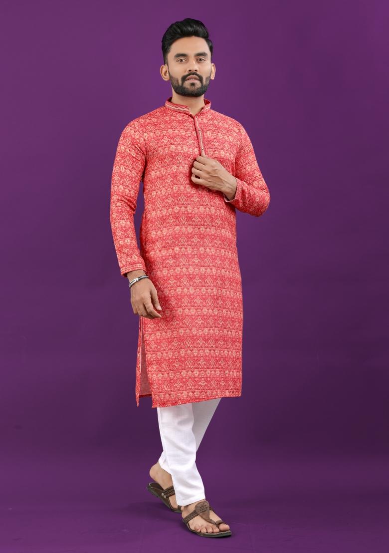 Orange Printed Linen Kurta Pajama Set For Men