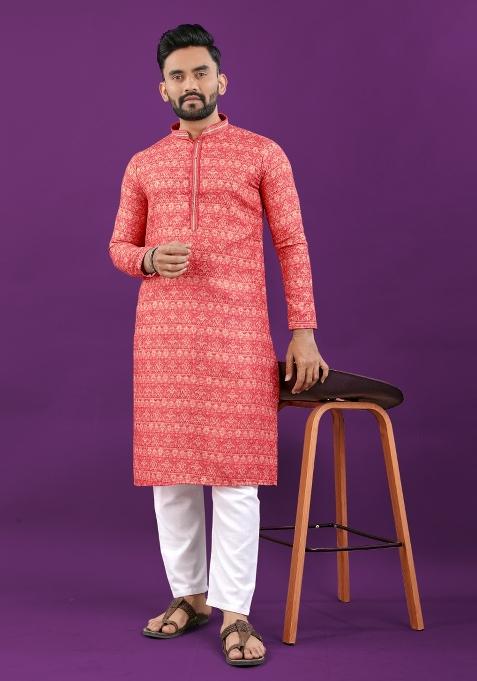 Orange Printed Linen Kurta Pajama Set For Men