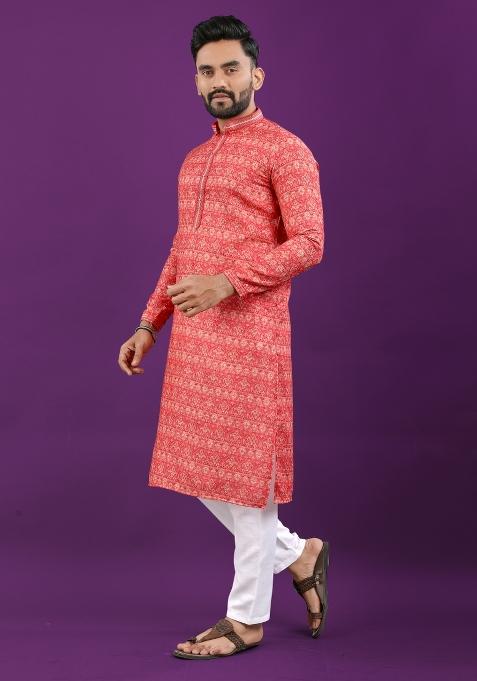 Orange Printed Linen Kurta Pajama Set For Men