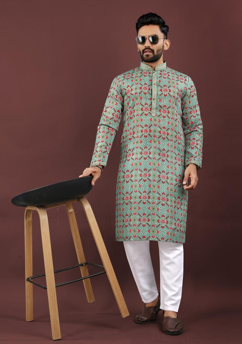 Green Printed Linen Kurta Pajama Set For Men