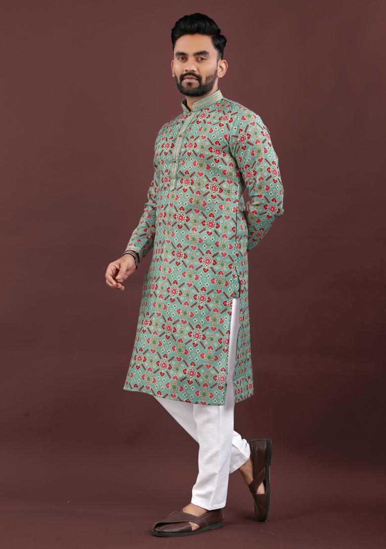Green Printed Linen Kurta Pajama Set For Men