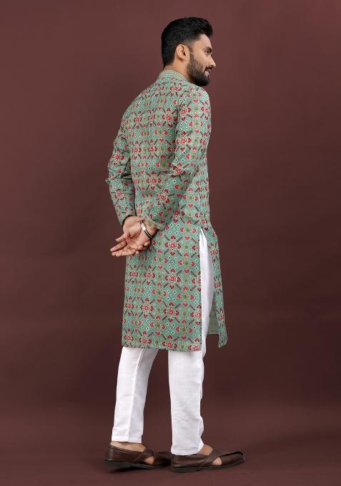 Green Printed Linen Kurta Pajama Set For Men
