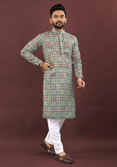 Green Printed Linen Kurta Pajama Set For Men