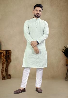 Sky Blue Embroidered Cotton Kurta Pajama Set For Men