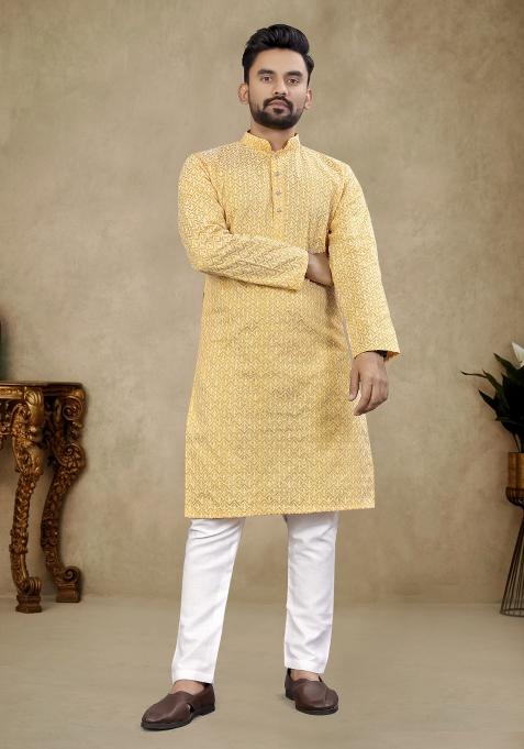 Beige Embroidered Cotton Kurta Pajama Set For Men