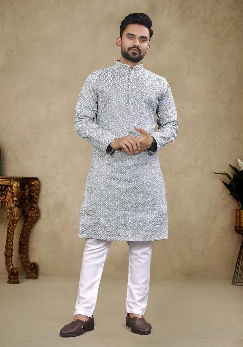Grey Embroidered Cotton Kurta Pajama Set For Men