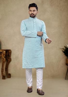 Light Blue Embroidered Cotton Kurta Pajama Set For Men