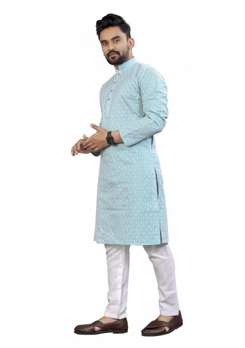 Light Blue Embroidered Cotton Kurta Pajama Set For Men