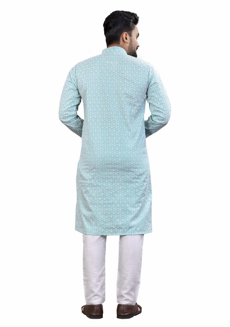 Light Blue Embroidered Cotton Kurta Pajama Set For Men