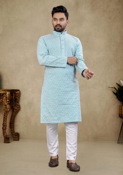 Light Blue Embroidered Cotton Kurta Pajama Set For Men