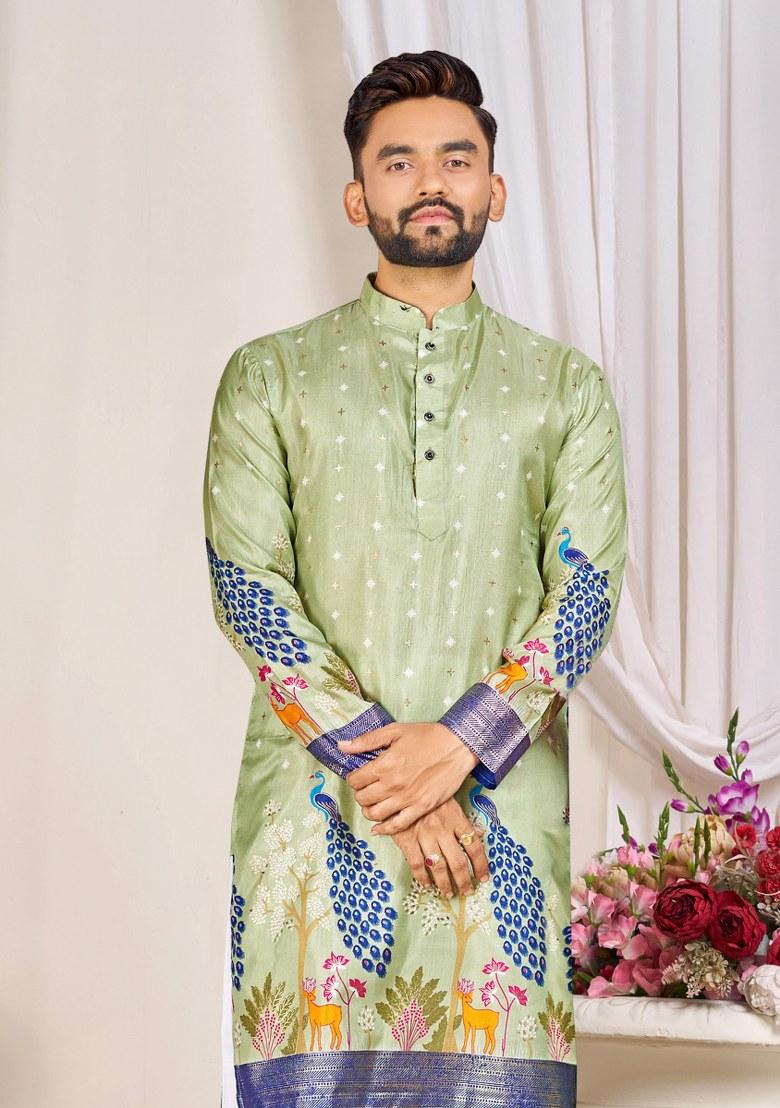 Light Green Embroidered Dola Silk Kurta Pajama Set For Men