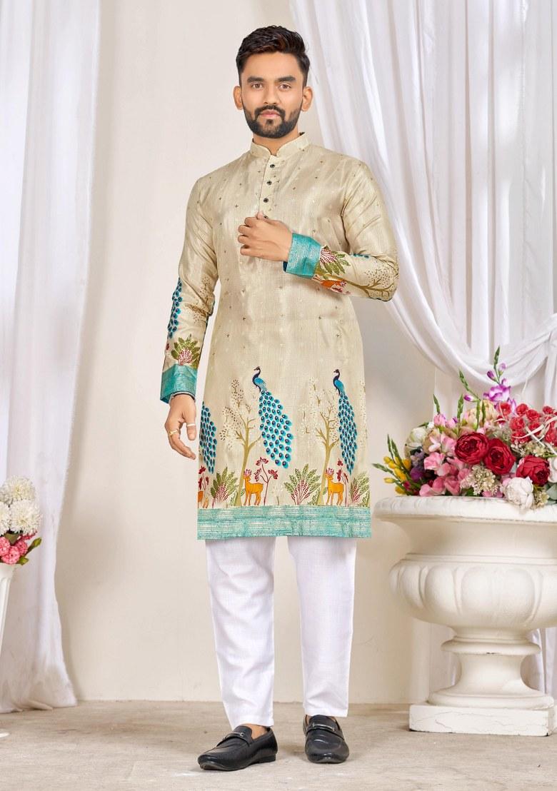 Beige Embroidered Dola Silk Kurta Pajama Set For Men