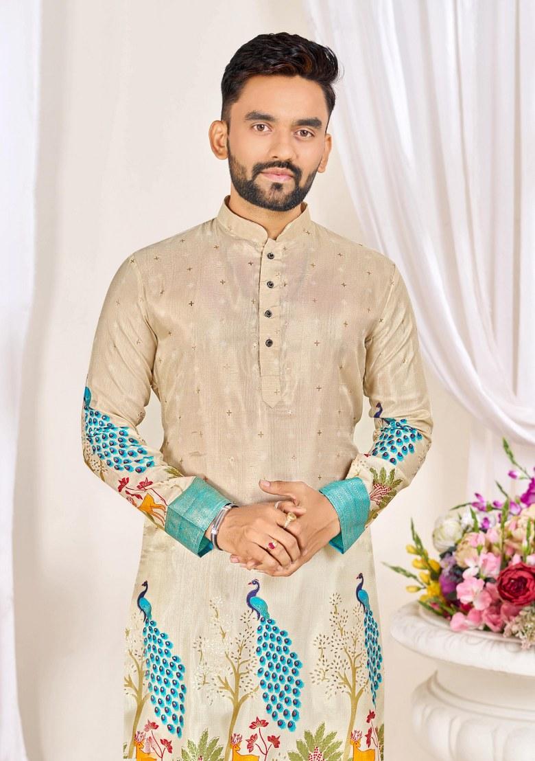 Beige Embroidered Dola Silk Kurta Pajama Set For Men