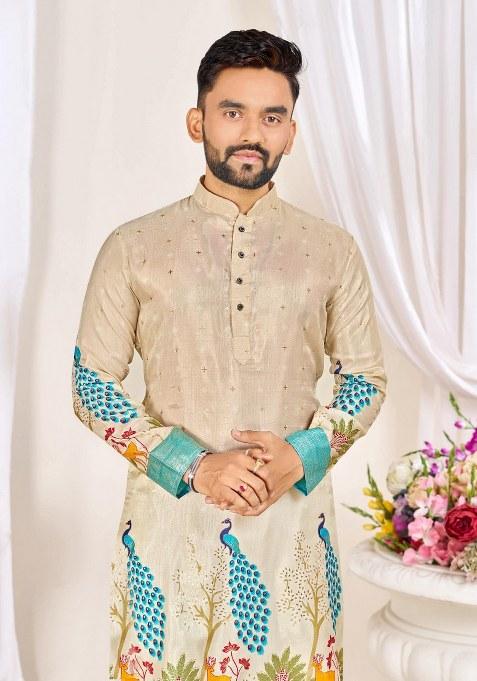 Beige Embroidered Dola Silk Kurta Pajama Set For Men