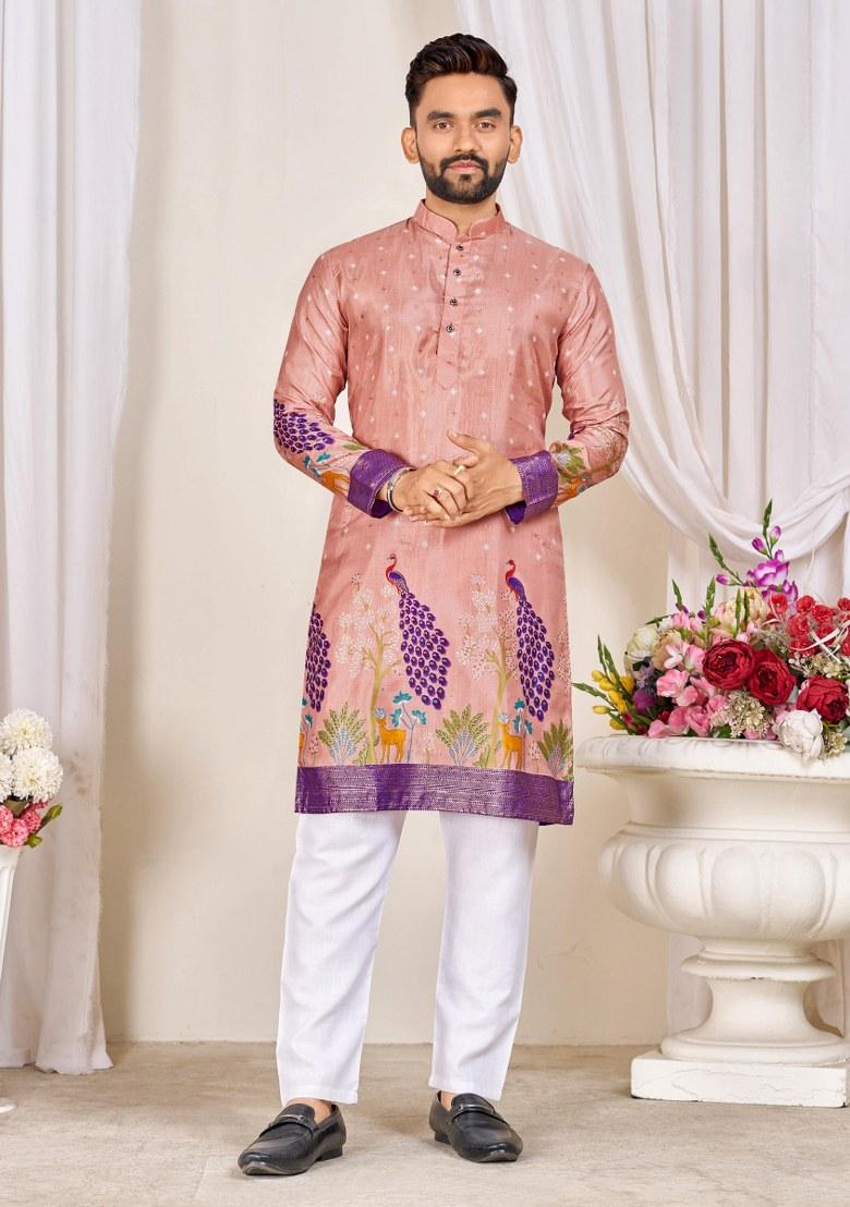 Peach Embroidered Dola Silk Kurta Pajama Set For Men