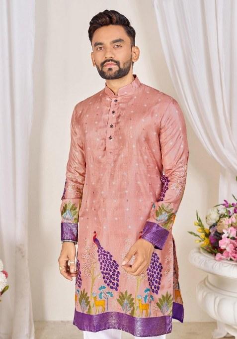 Peach Embroidered Dola Silk Kurta Pajama Set For Men