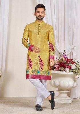 Yellow Embroidered Dola Silk Kurta Pajama Set For Men