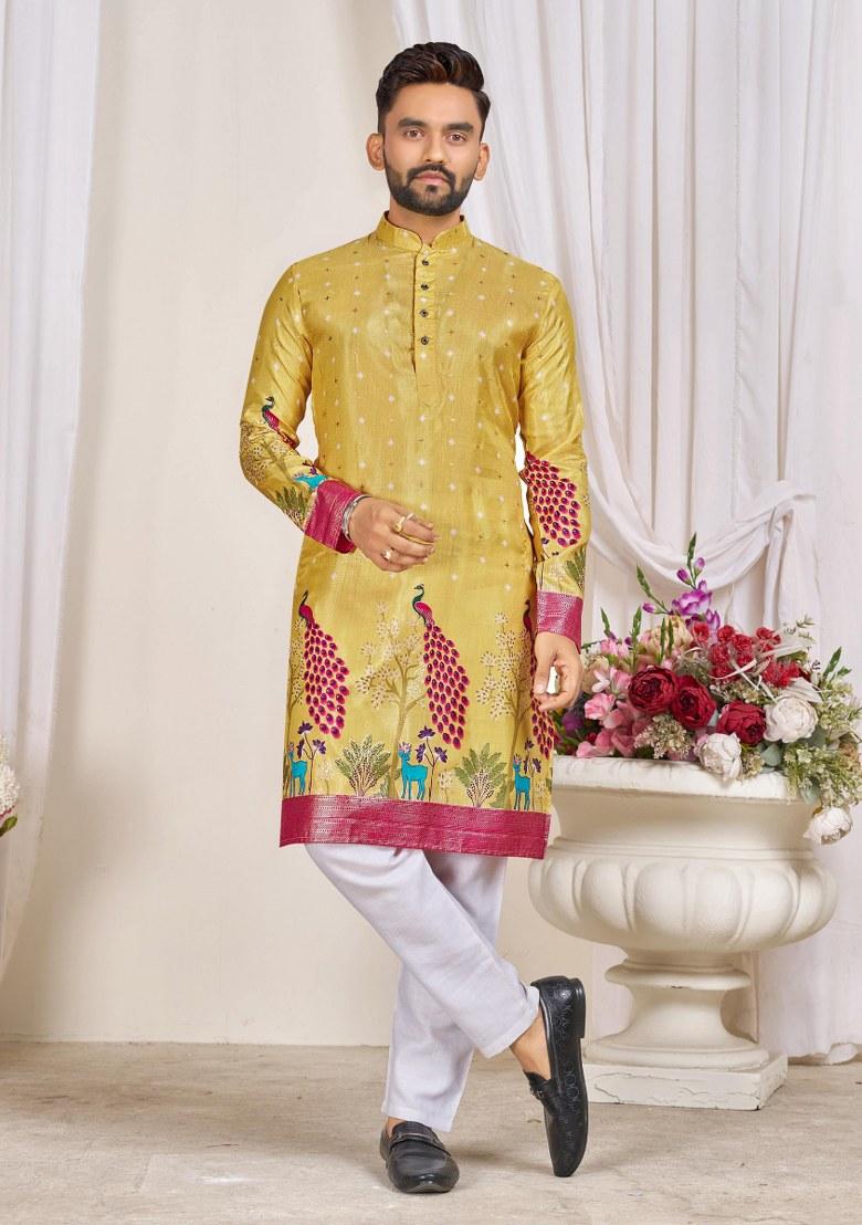 Yellow Embroidered Dola Silk Kurta Pajama Set For Men