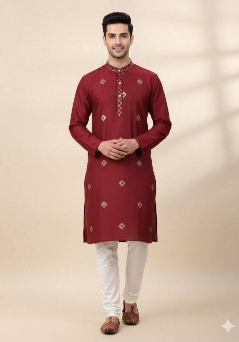 Red Embroidered Silk Kurta Pajama Set For Men — view on Indya