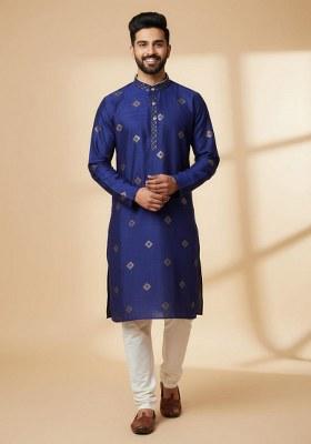 Blue Embroidered Silk Kurta Pajama Set For Men